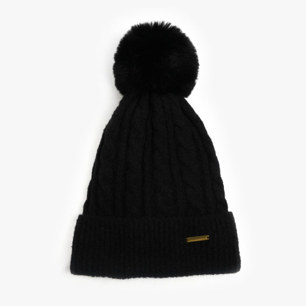 Laura Satin Lined Beanie With Detachable Pom - Black - The Pretty Hat