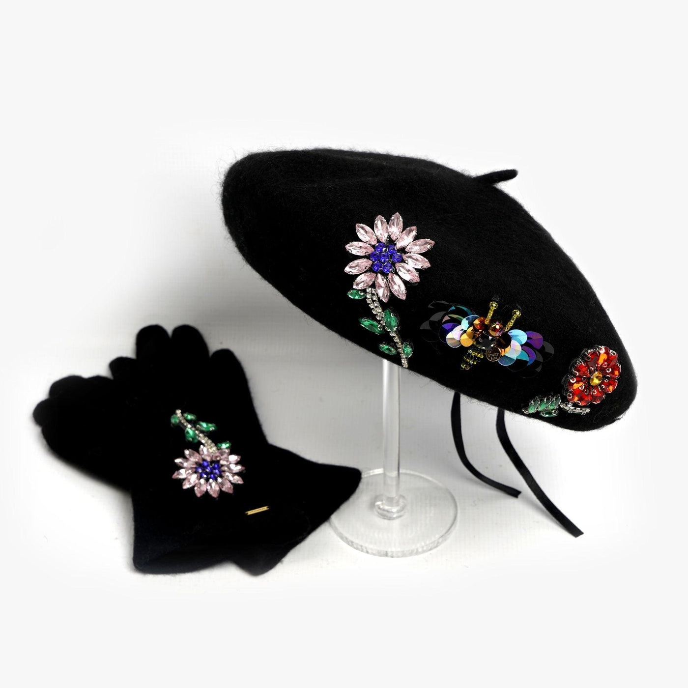 BeeJewelled Embellished Beret - Black - The Pretty Hat