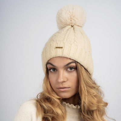 Laura Satin Lined Beanie With Detachable Pom - Cream - The Pretty Hat