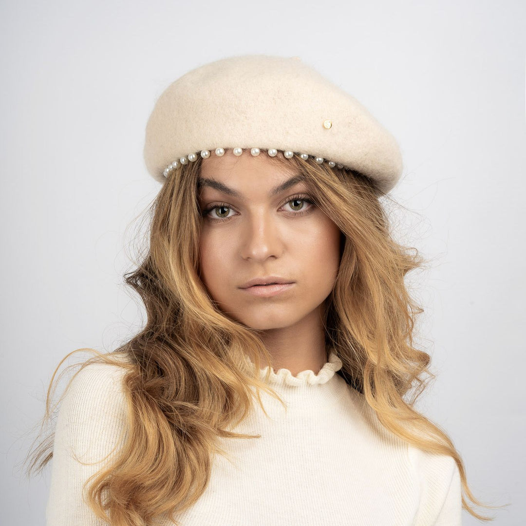 Patricia Pearl Trim Wool Beret - Cream – The Pretty Hat display picture 3