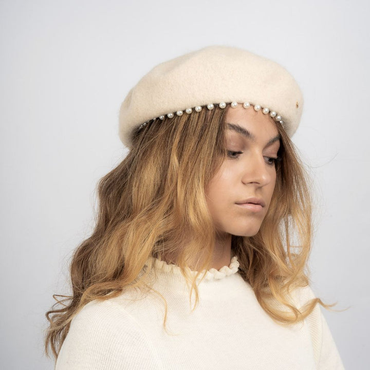 Patricia Pearl Trim Wool Beret - Cream – The Pretty Hat display picture 3