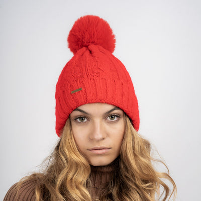 Laura Satin Lined Beanie With Detachable Pom - Bright Red - The Pretty Hat