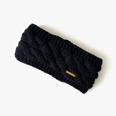 Fleece Lined Cable Knit Headband - Black