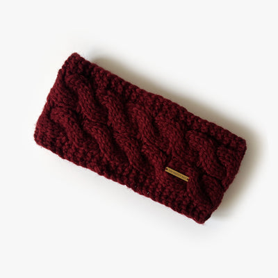 Fleece Lined Cable Knit Headband - Cranberry Red