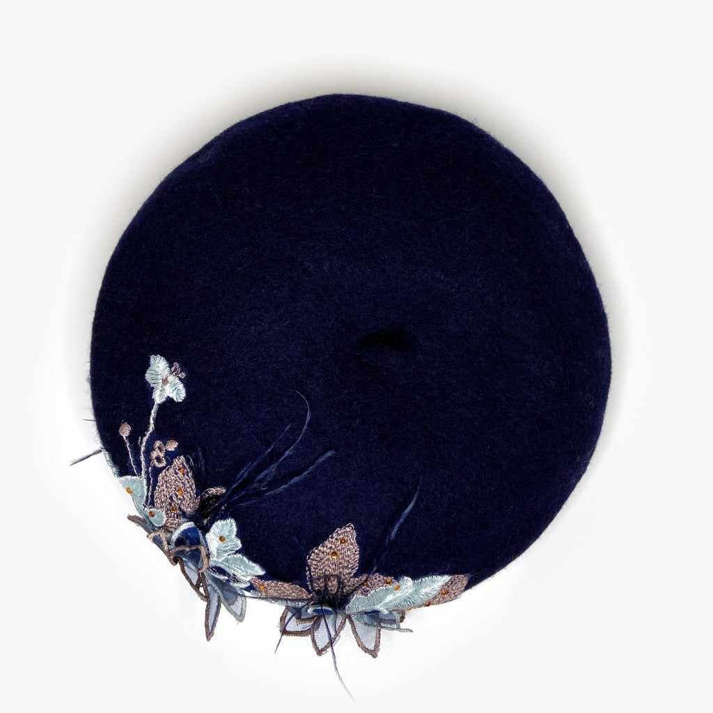 Odette Feather Embroidered Beret - Navy - The Pretty Hat