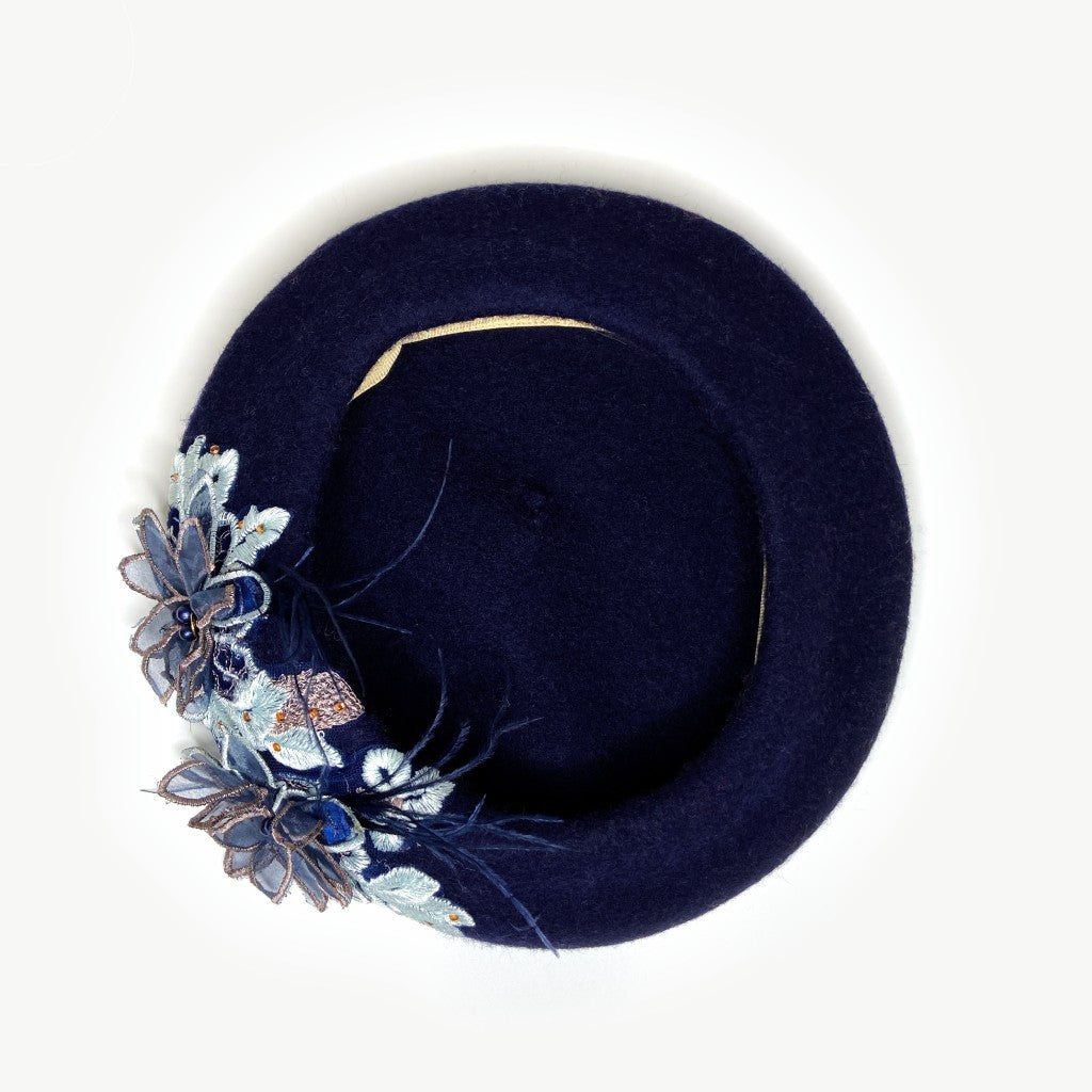 Odette Feather Embroidered Beret - Navy - The Pretty Hat
